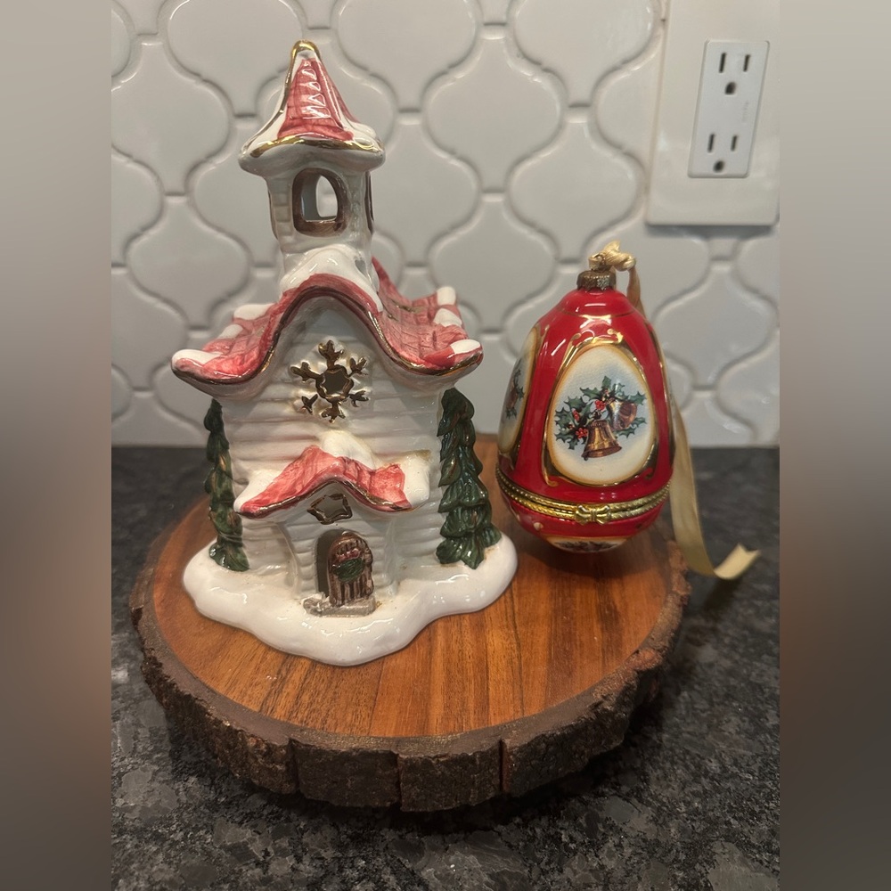 BLUE SKY CLAYWORKS XMas Cottage House Votive Tea Light & musical egg trinket box